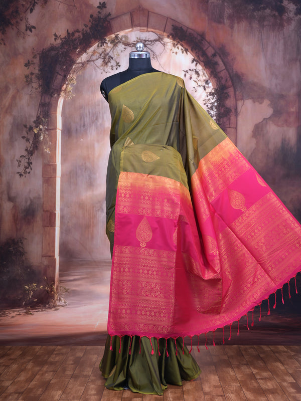 Olive Green with Pink - Semi Silk Saree