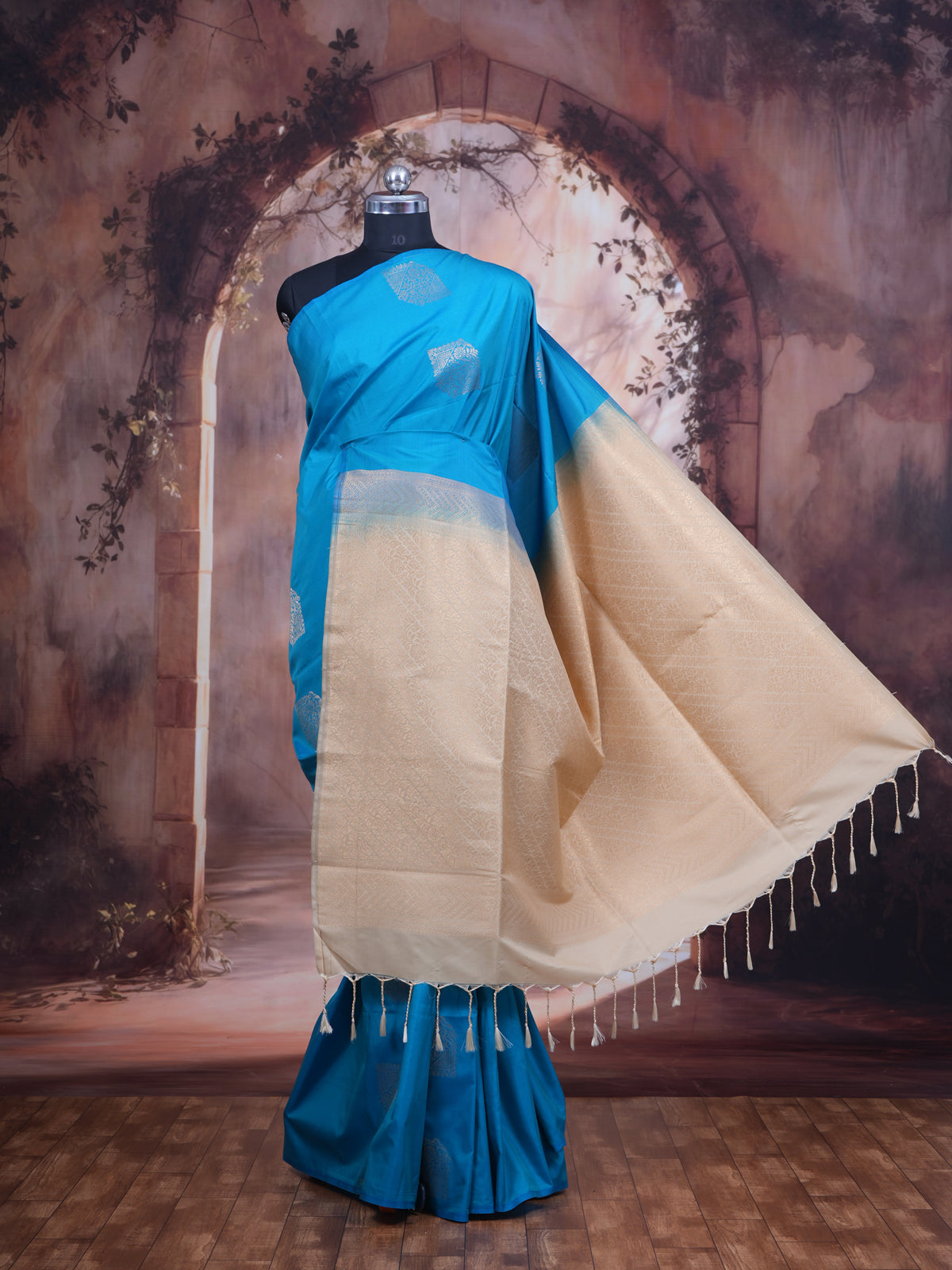 Sky Blue with Cream - Semi Silk Saree