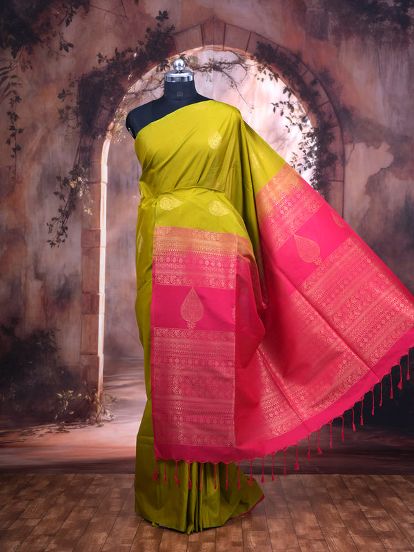 Olive Green with Rani Pink - Semi Silk Saree