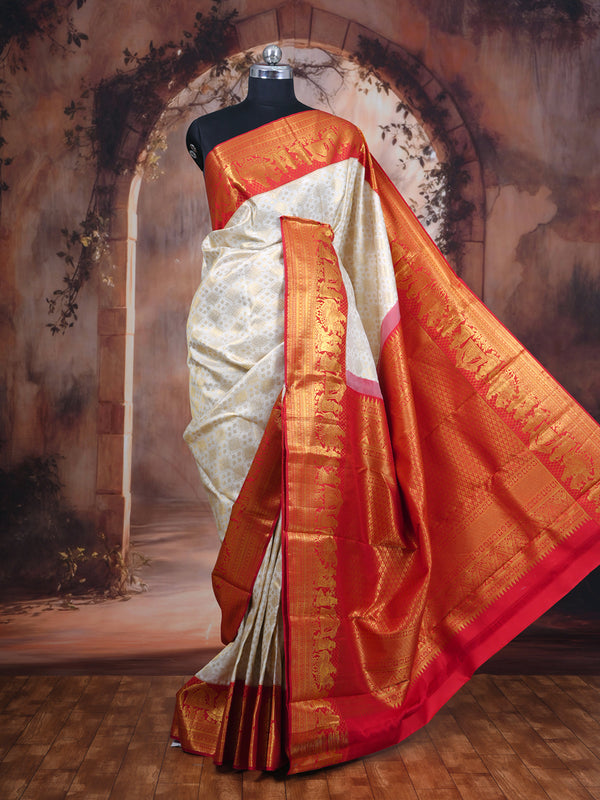 Off-White and Red Pure Kanjivaram Silk Saree