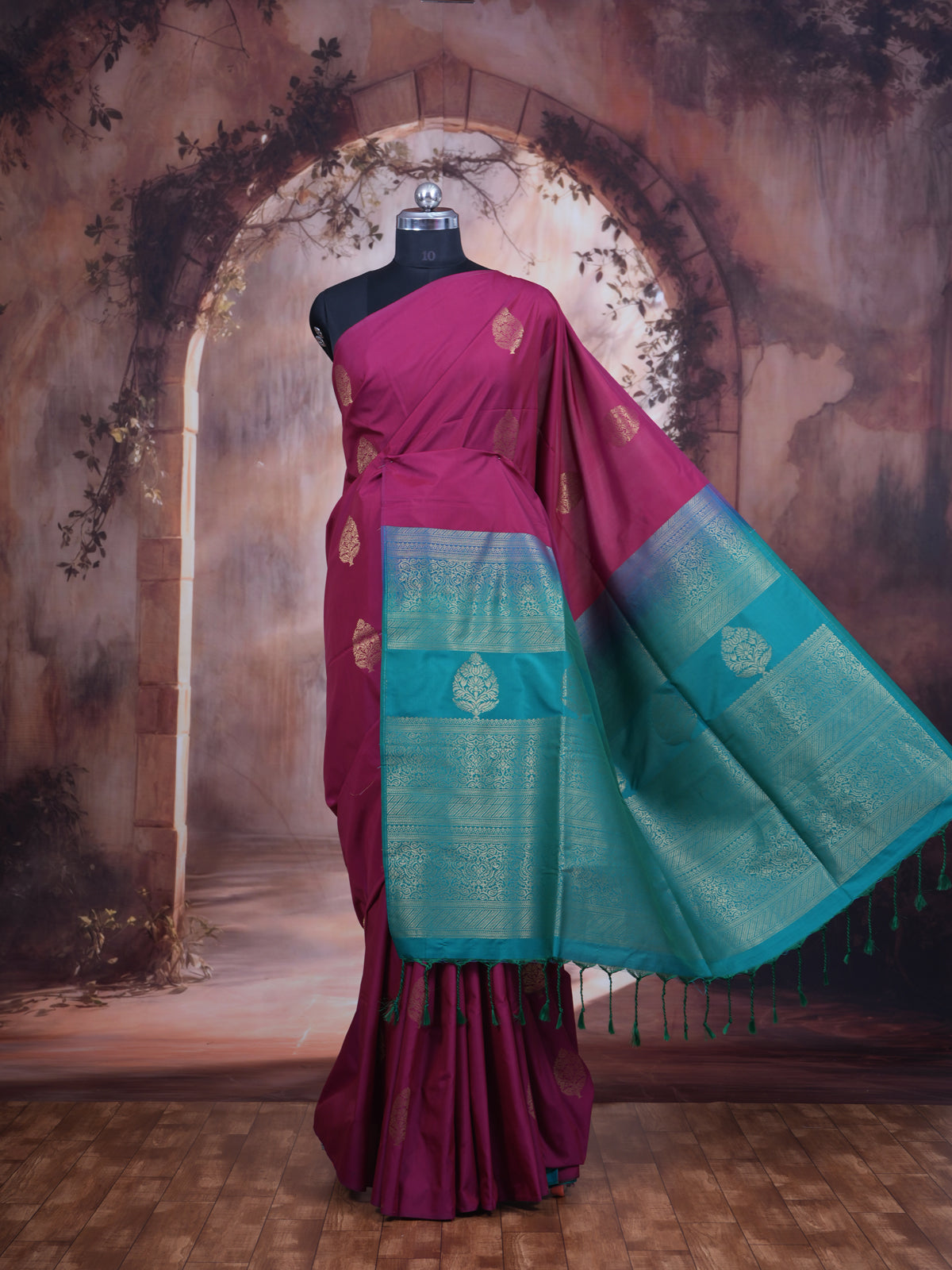 Magenta with Turquoise Blue - Semi Silk Saree