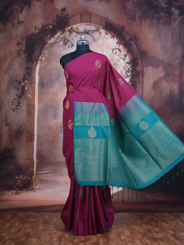 Magenta with Turquoise Blue - Semi Silk Saree