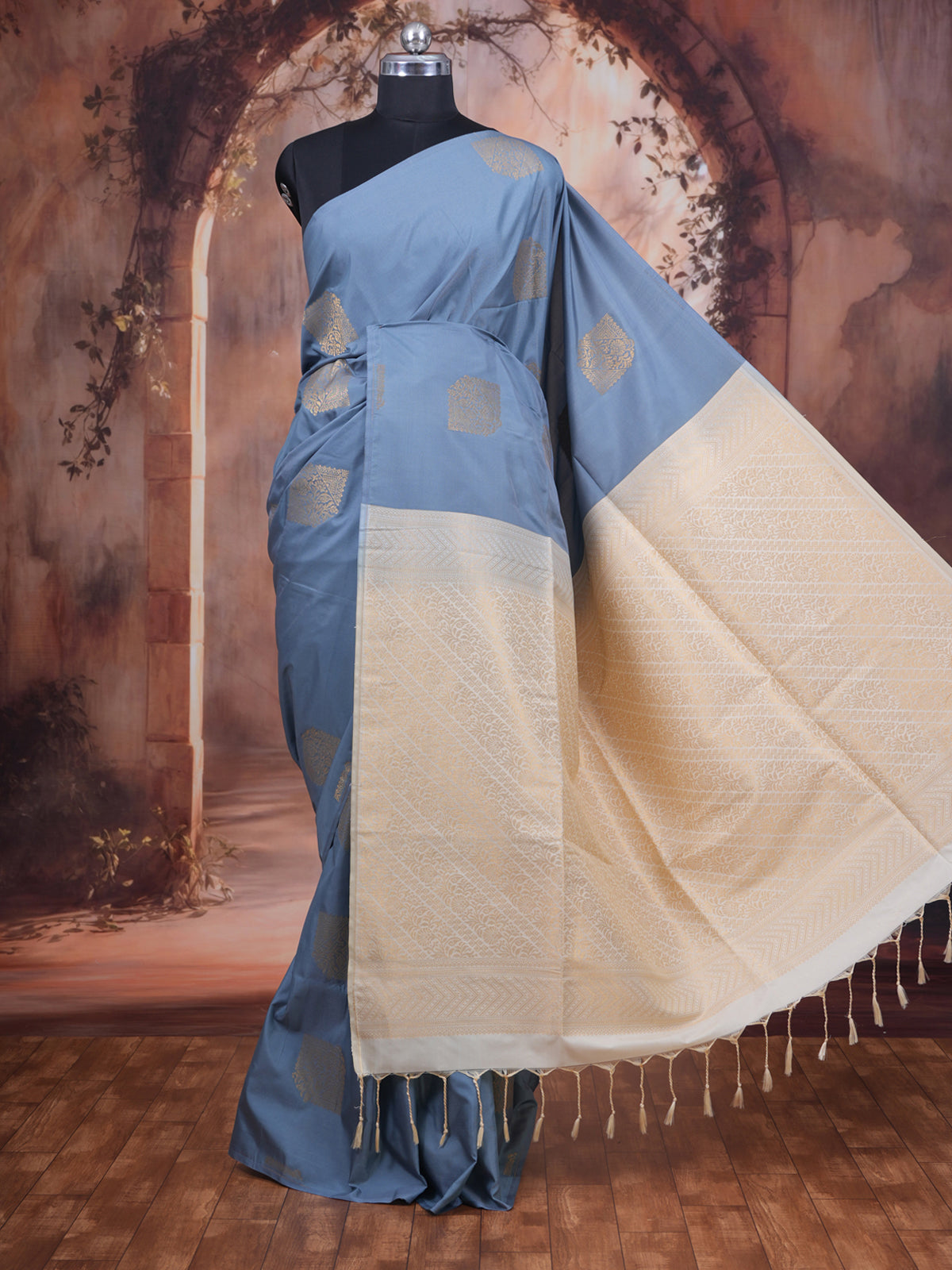 Grey with Cream Pallu Semi Silk Saree