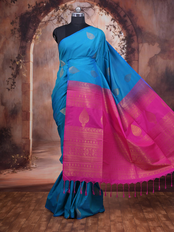 Sky Blue with Magenta Pink Semi Silk Saree