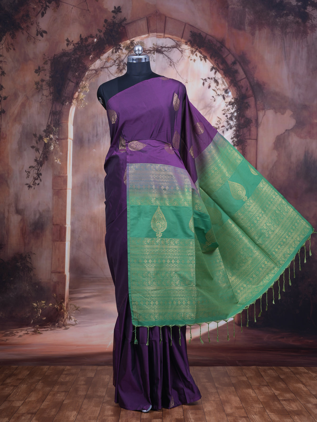 Purple with Green - Semi Silk Saree