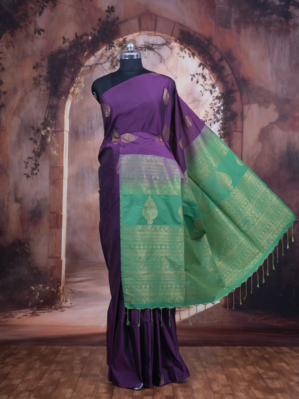 Purple with Green - Semi Silk Saree