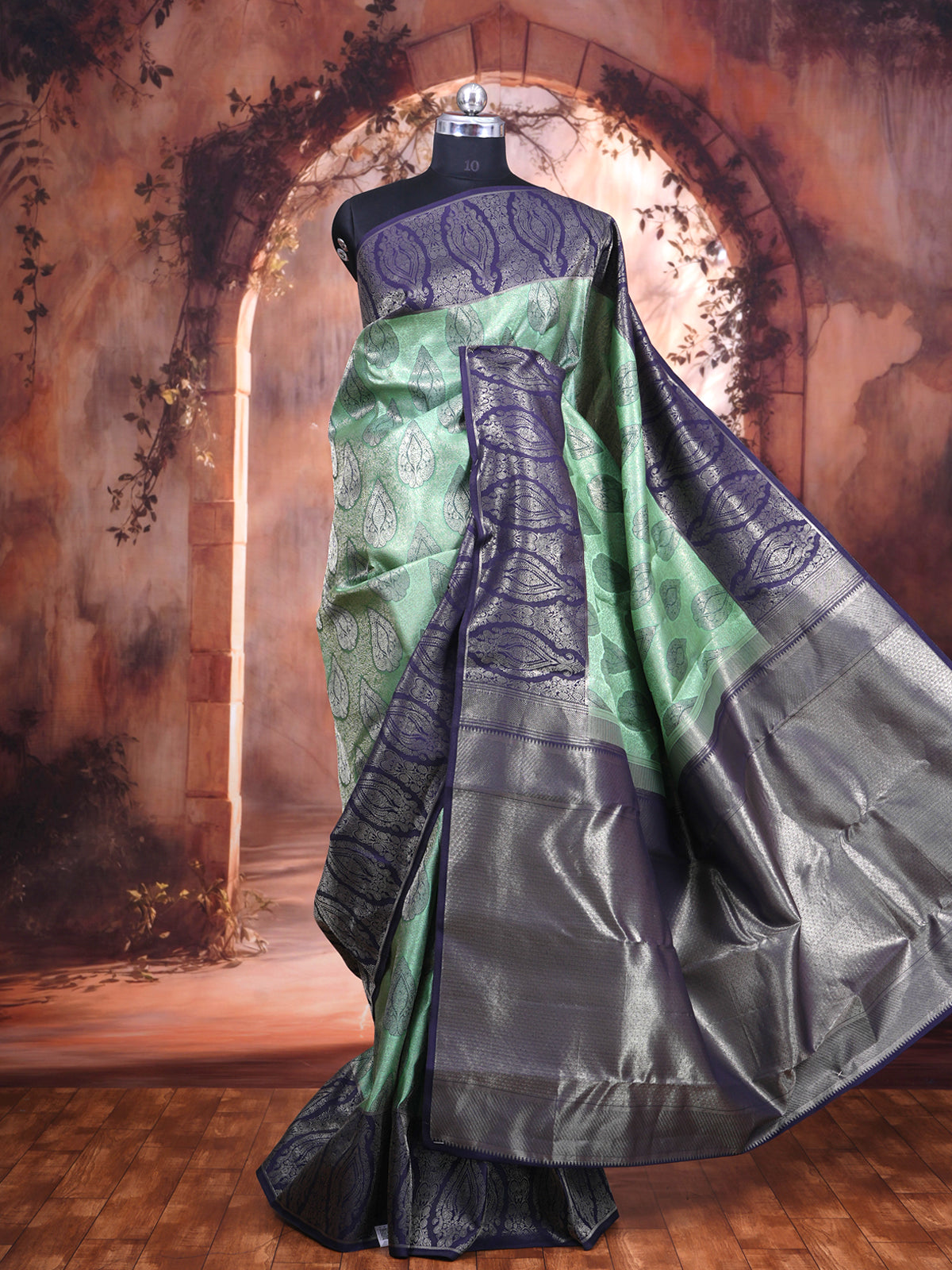 Sage Green and Deep Indigo Pure Kanchipuram Silk Saree