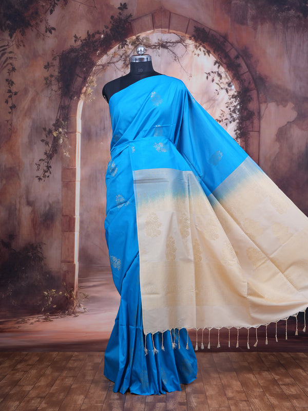 Sky Blue with Cream - Semi Silk Saree