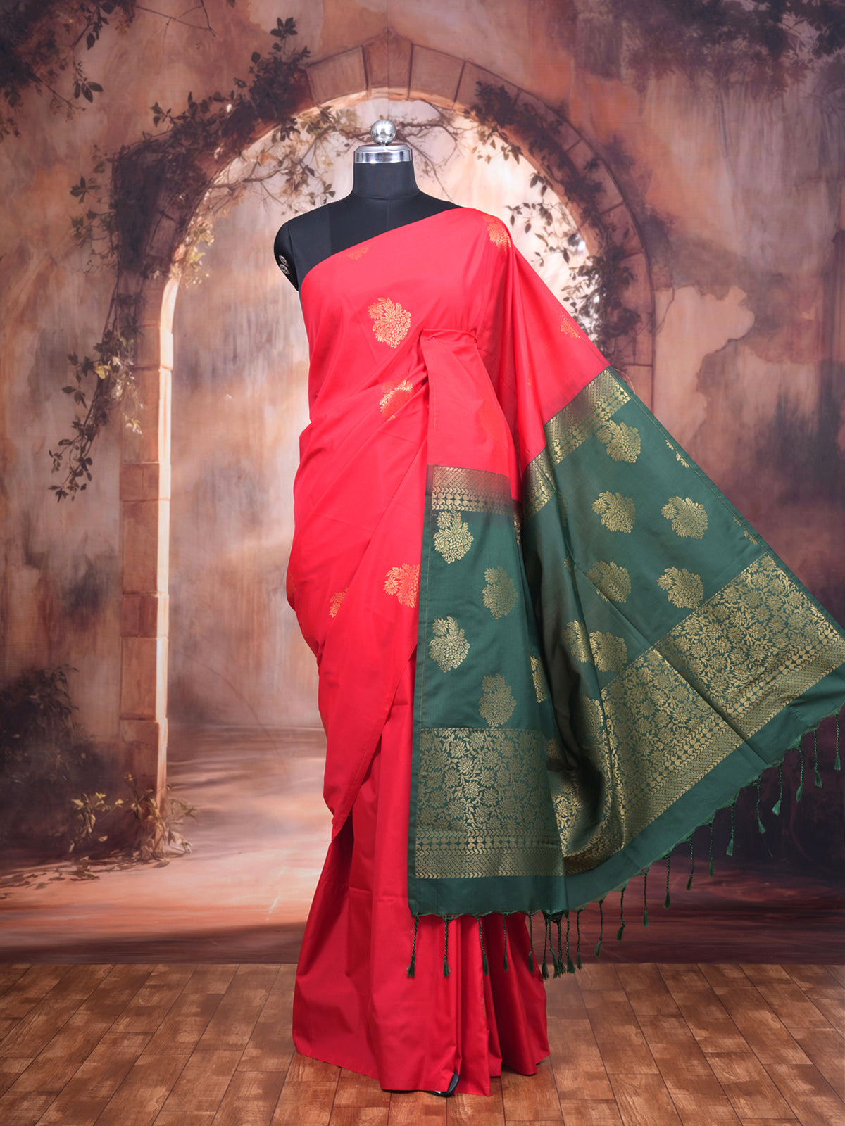 Pink with Bottle Green Semi Silk Saree