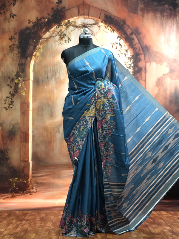 Steel Blue With  Multi-Color Accents - Semi Tussar Saree