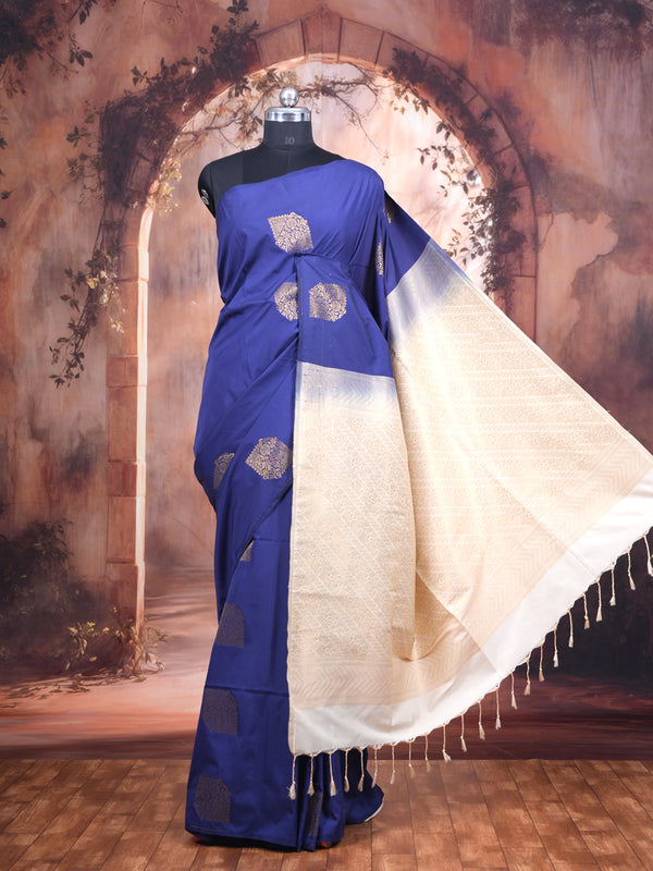 Royal Blue with Cream Semi Silk Saree