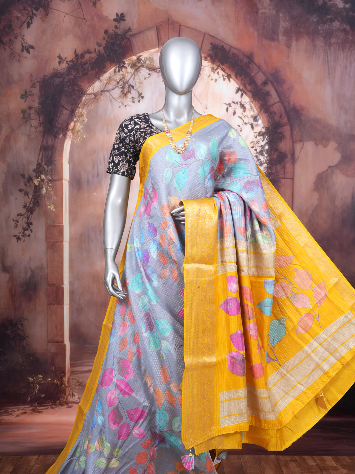 Grey with Yellow - Semi Raw Silk Saree
