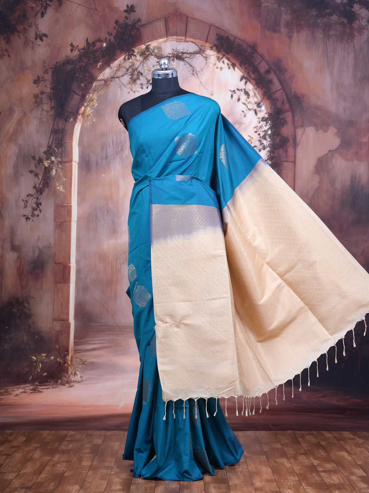 Teal Blue with Cream - Semi Silk Saree