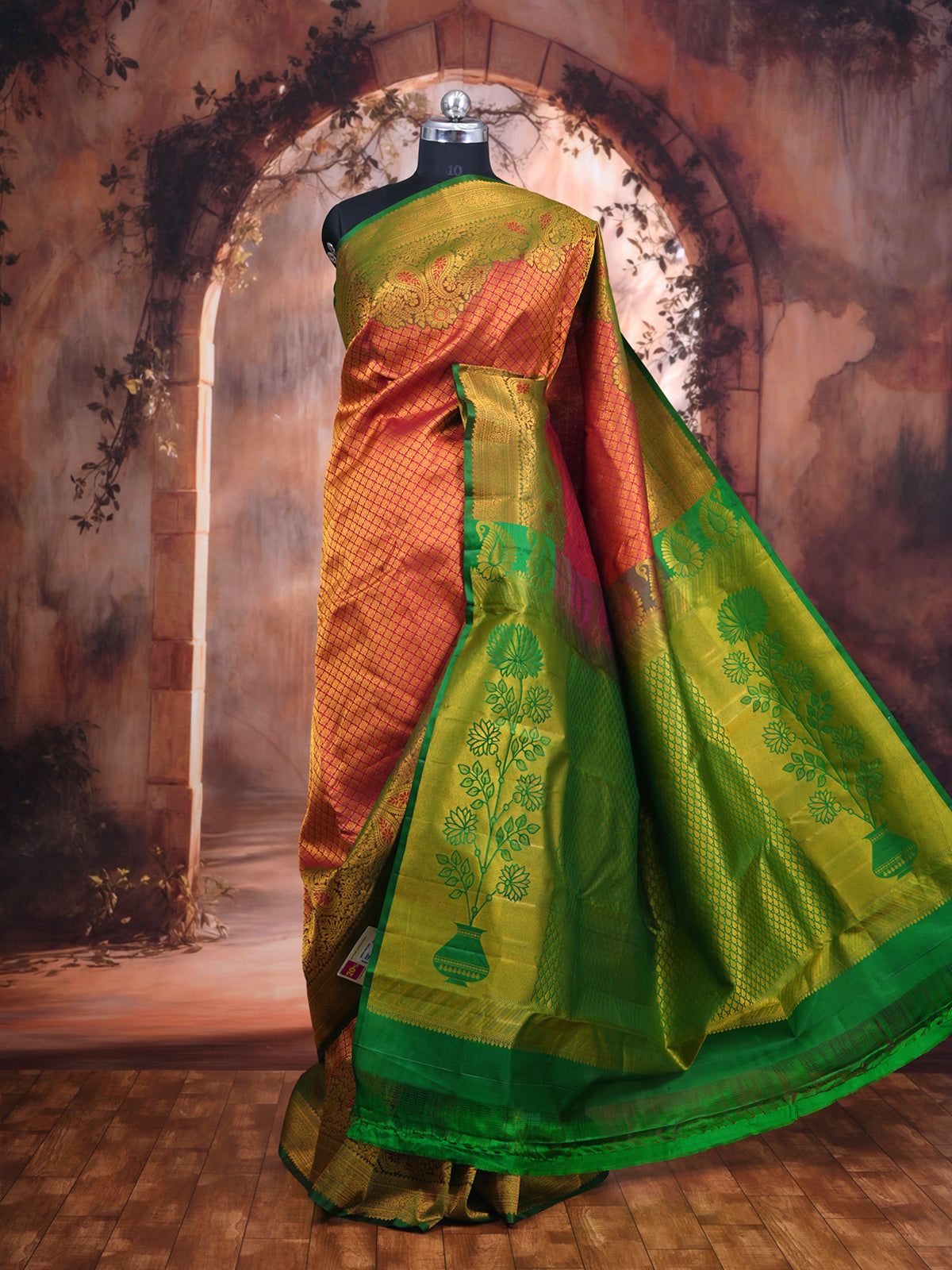 Crimson Pink and Parrot Green Pure Kanchipuram Silk Saree
