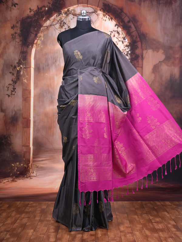 Dark Grey with Magenta Pink - Semi Silk Saree