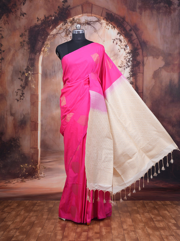 Magenta Pink with Off-White Semi Silk Saree