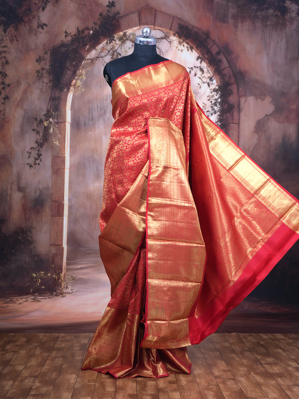 Regal Crimson Red and Antique Gold Pure Kanjivaram Silk Saree