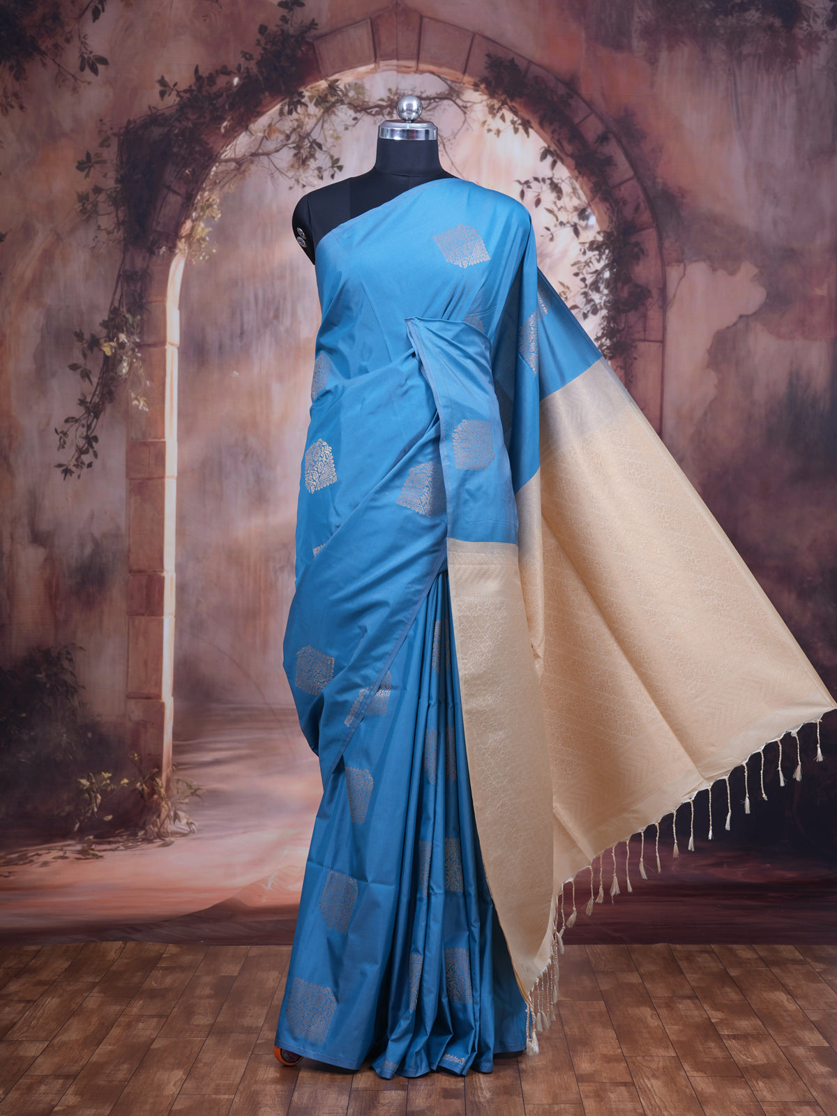 Sky Blue with Cream - Semi Silk Saree