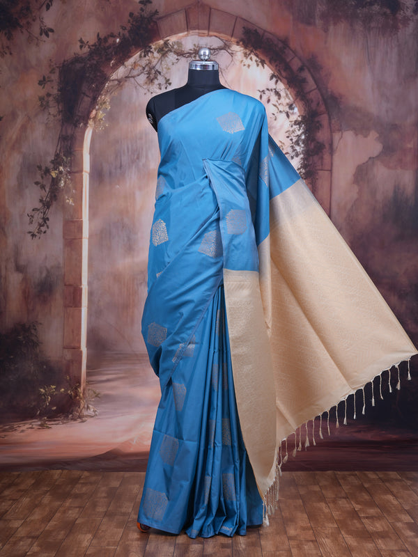 Sky Blue with Cream - Semi Silk Saree