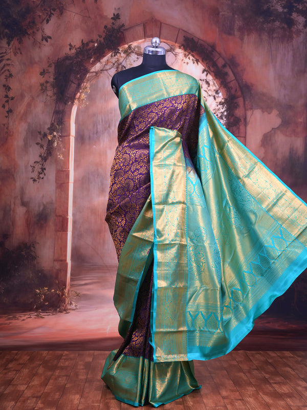 Deep Purple and Sea Green Pure Kanchipuram Silk Saree