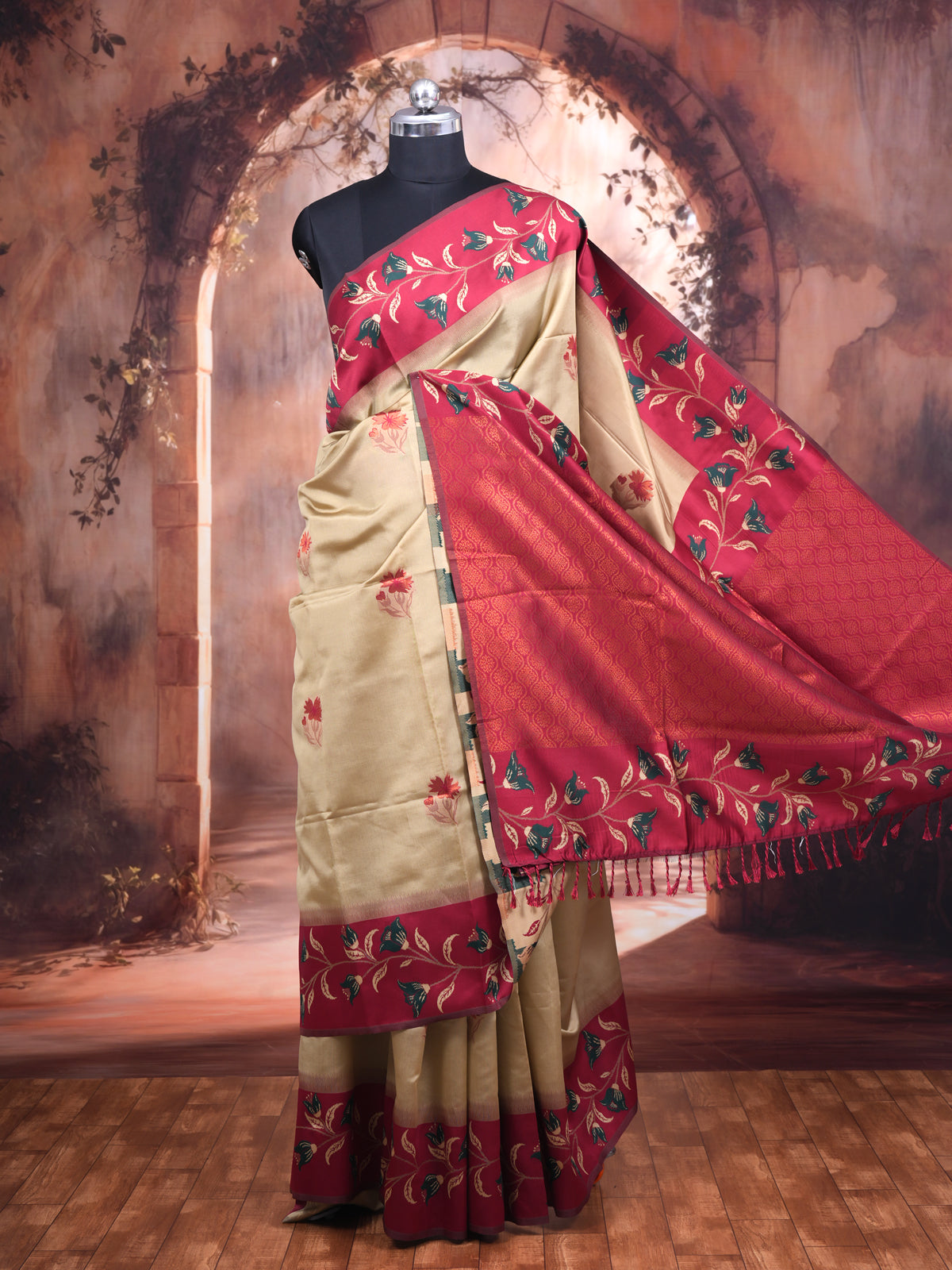 Beige and Magenta Fancy Silk Saree