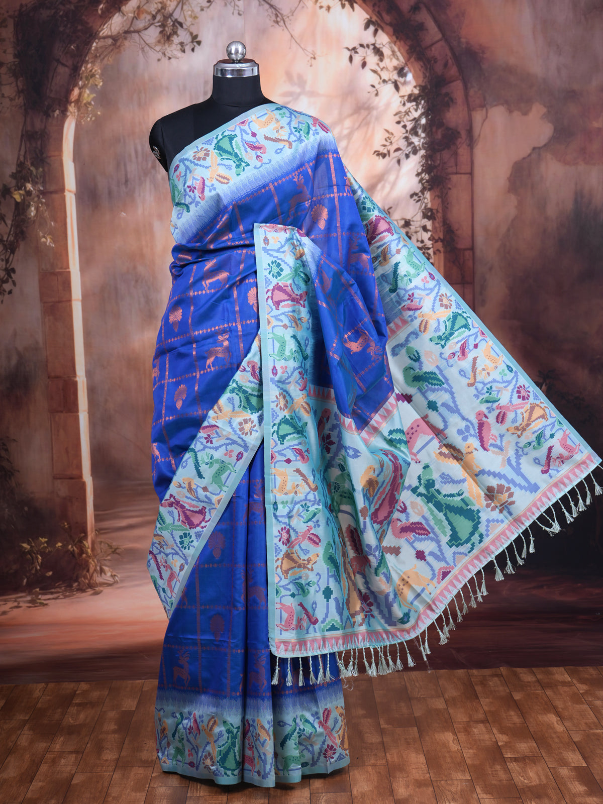 Royal Blue with Pastel Ice Blue Munthi Fancy Silk Saree