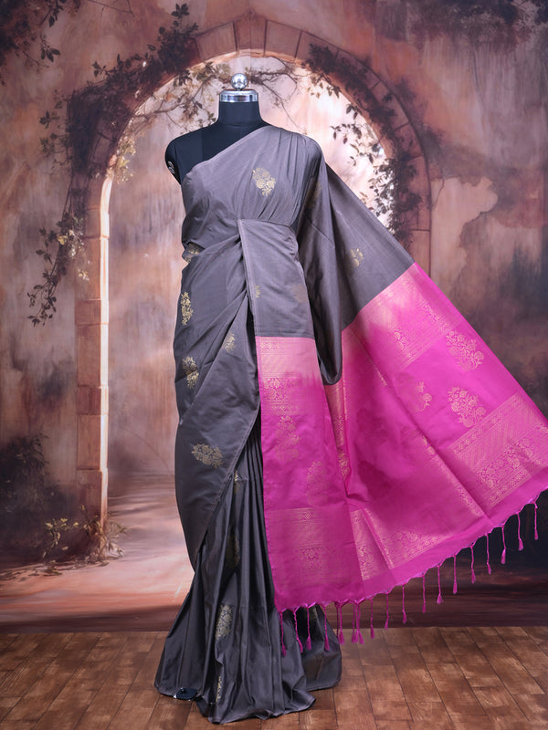 Grey with Rani Pink - Semi Silk Saree