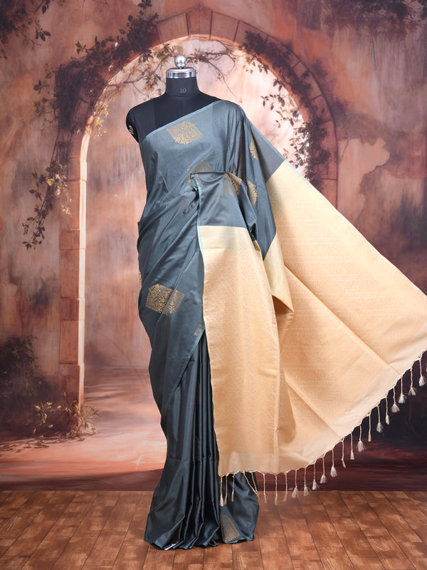 Slate Grey with Creamish Gold Semi Silk Saree