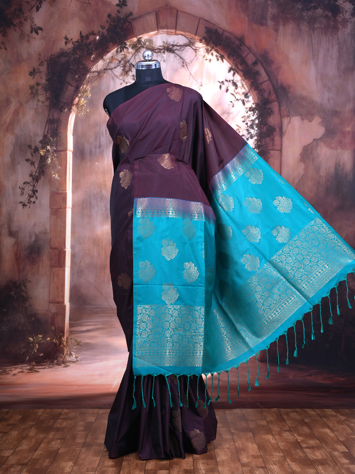 Wine with Turquoise - Semi Silk Saree