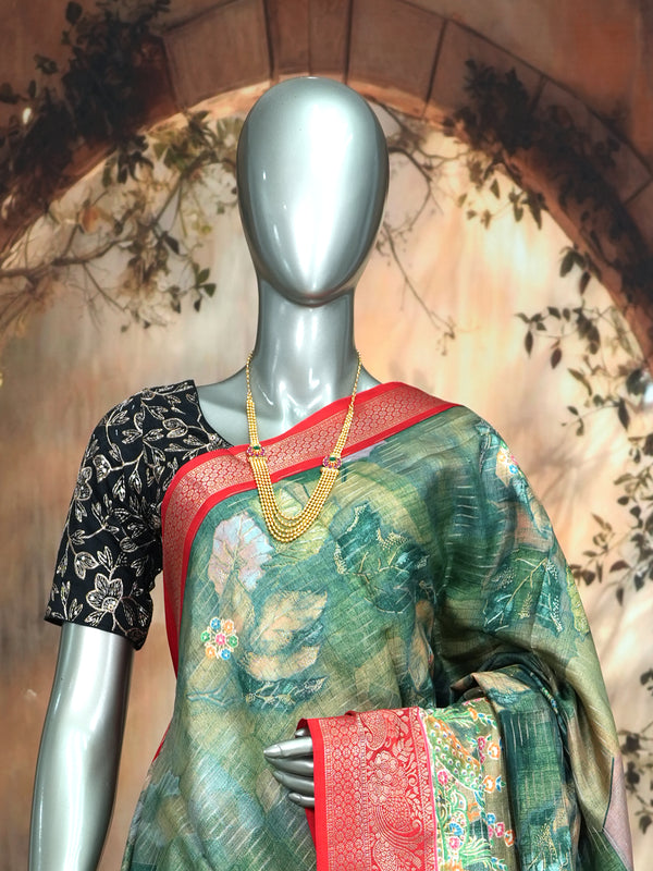 Green with Red - Semi Raw Silk Saree