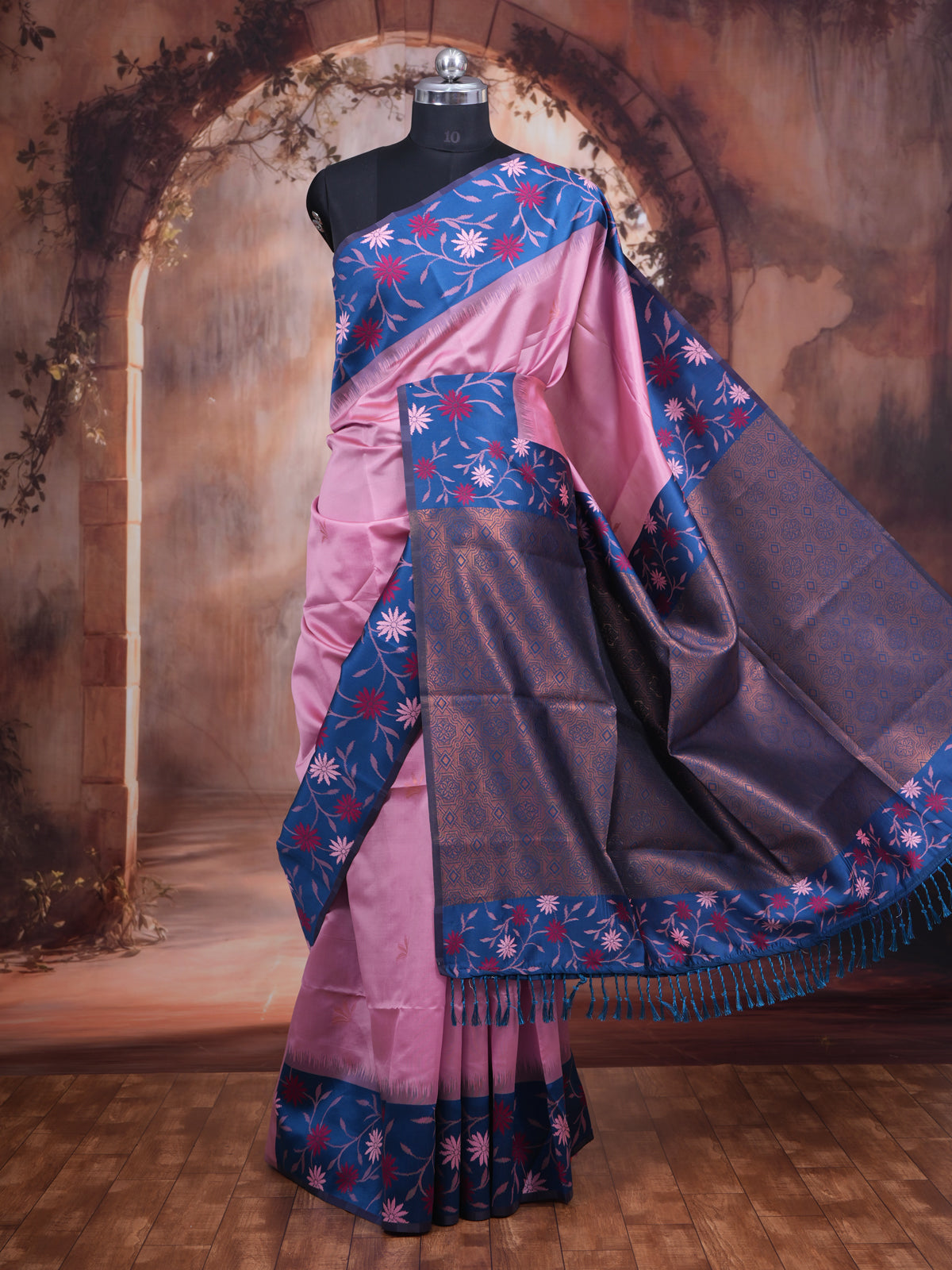 Pink with Teal Blue Fancy Silk Saree