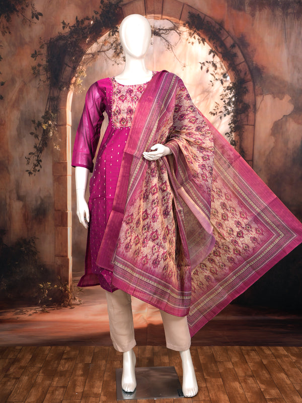 Magenta with Beige Printed Dupatta Ready Made Kurti Set