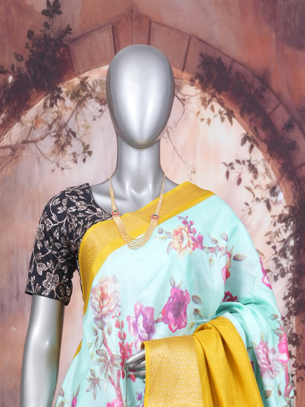 Sea Green with Yellow - Semi Raw Silk Saree