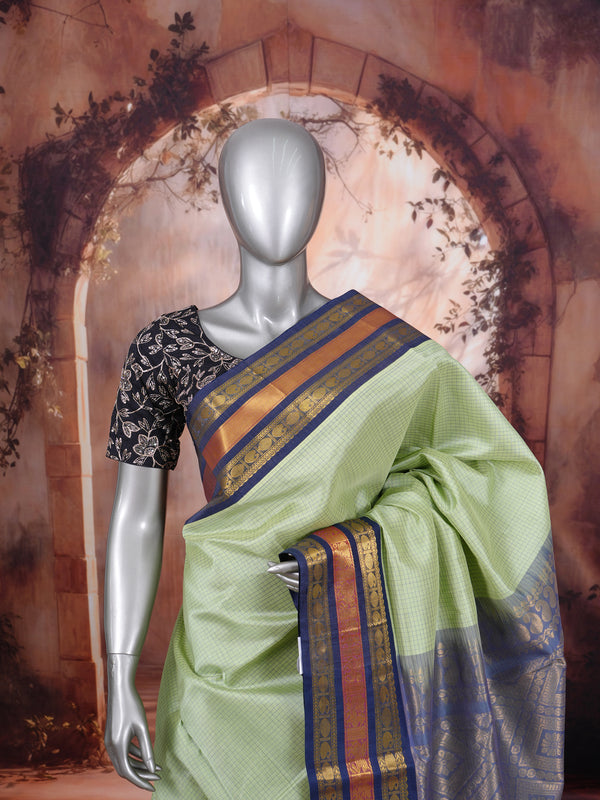 Elegant Pastel Green with Indigo Blue Zari Border Pure Silk Cotton Saree