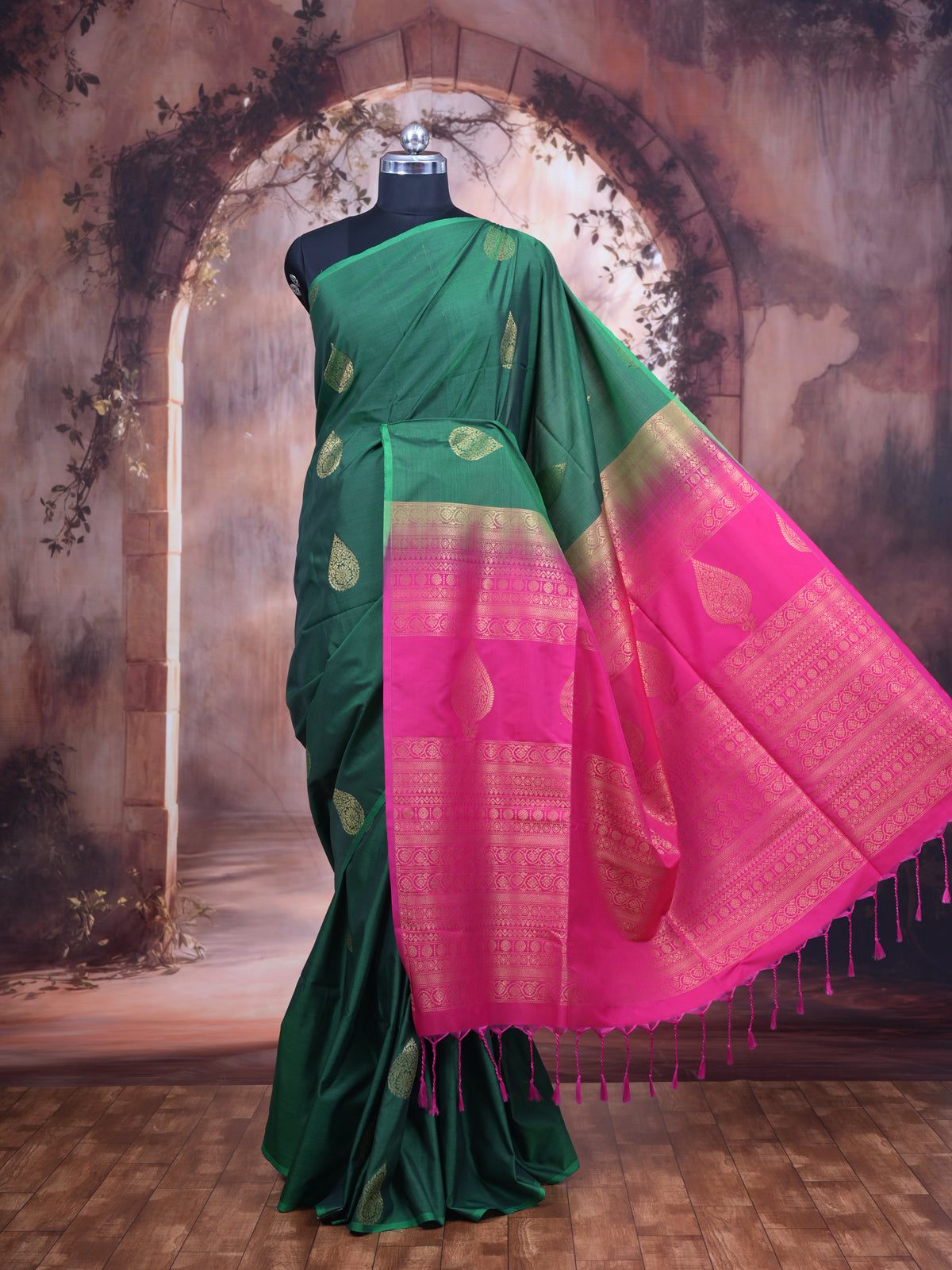Green with Pink - Semi Silk Saree