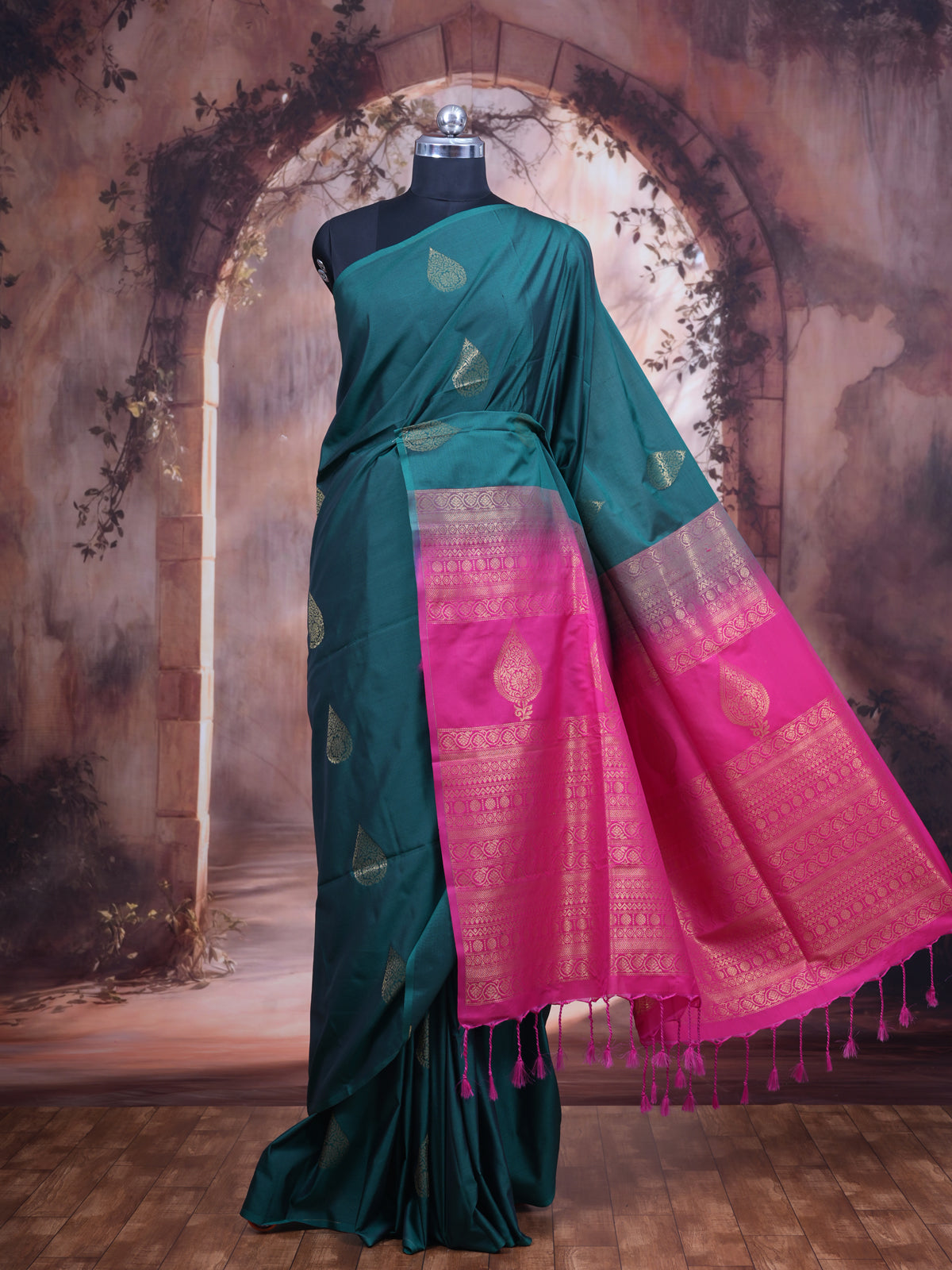Green with Pink - Semi Silk Saree