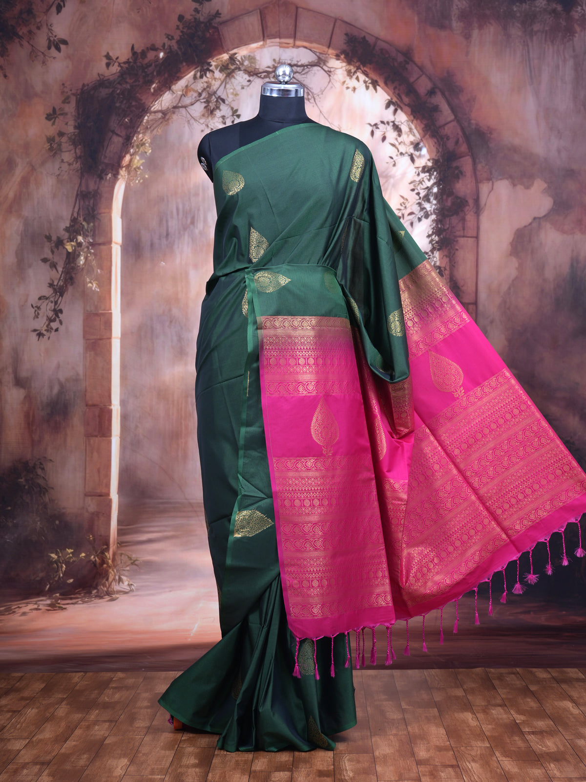 Dark Green with Pink - Semi Silk Saree