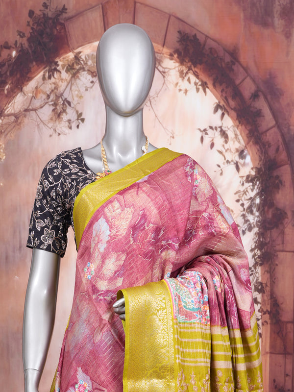 Mauve Pink with Olive Green - Semi Raw Silk Saree