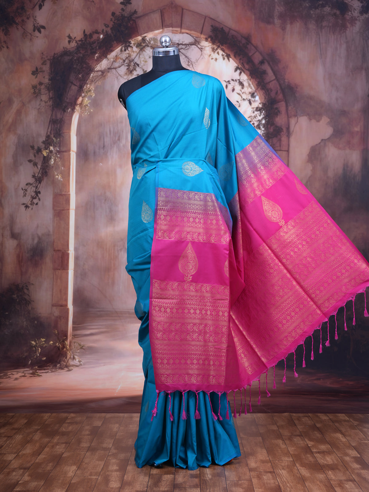 Sky Blue with Pink - Semi Silk Saree