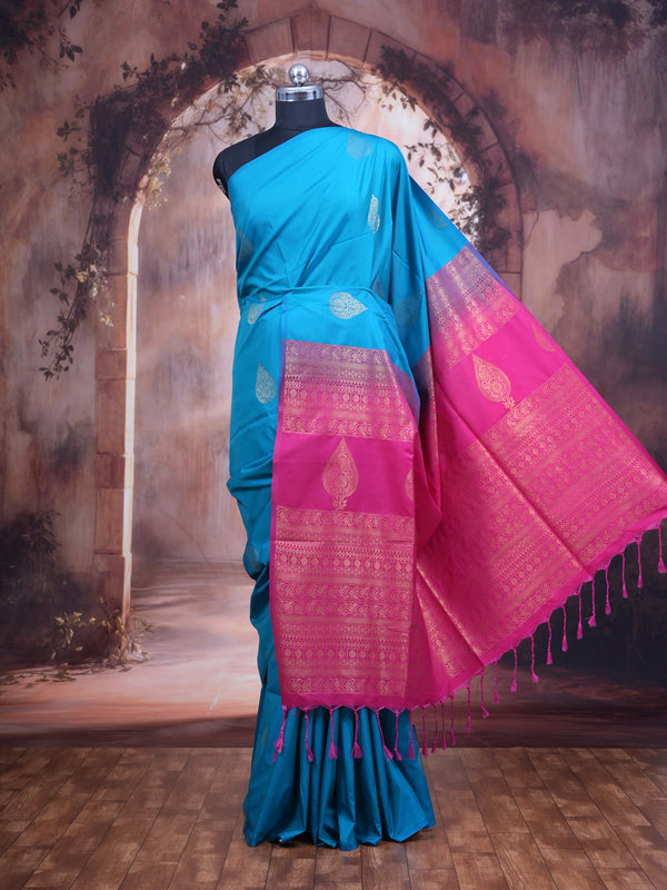 Sky Blue with Pink - Semi Silk Saree