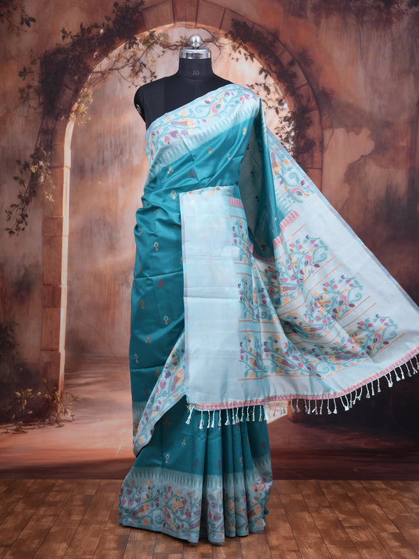Teal Blue with Ice Blue Fancy Silk Saree