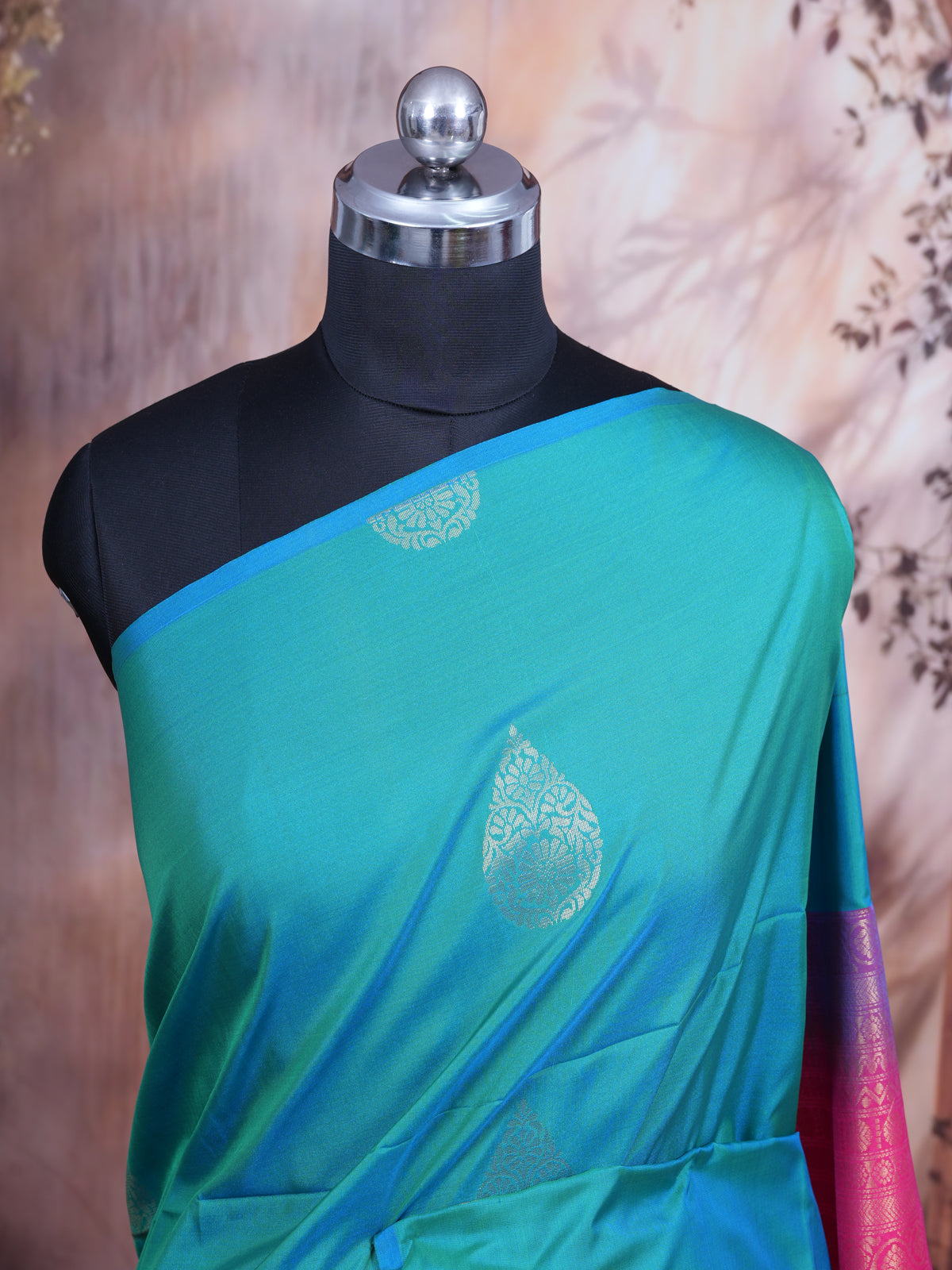 Cyan Blue with Rani Pink - Semi Silk Saree