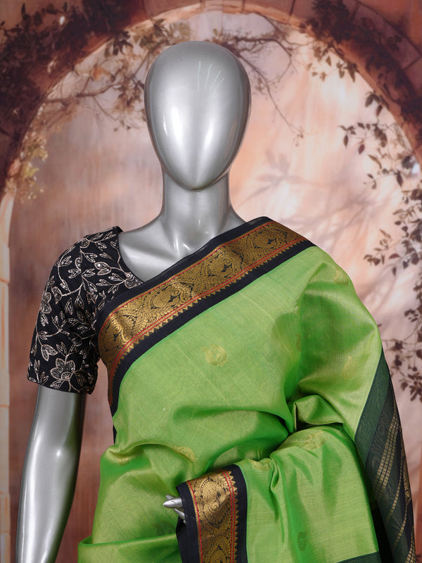 Elegant Parrot Green with Traditional Zari Border Pure Silk Cotton Saree