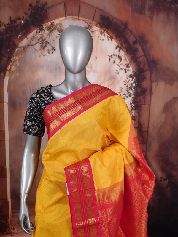 Mustard Yellow and Magenta Pink Pure Silk Cotton Saree