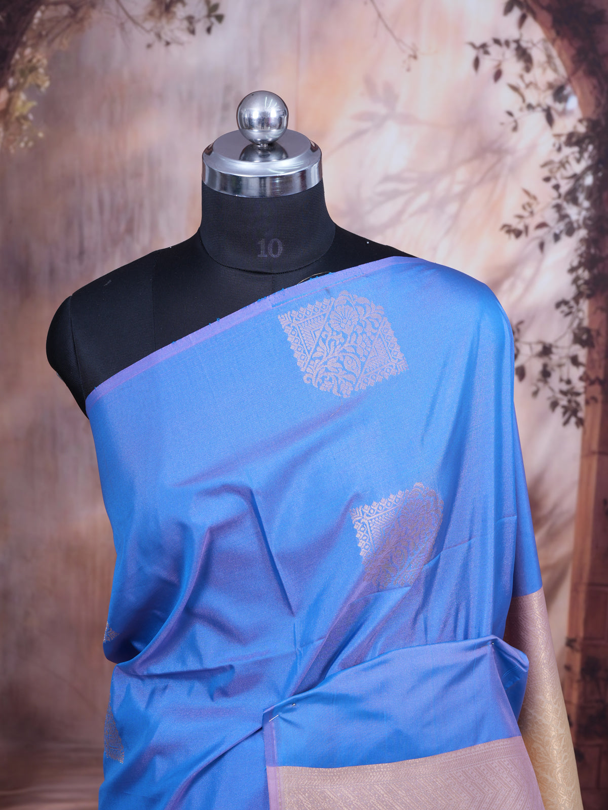 Sky Blue with Creamish Gold - Semi Silk Saree