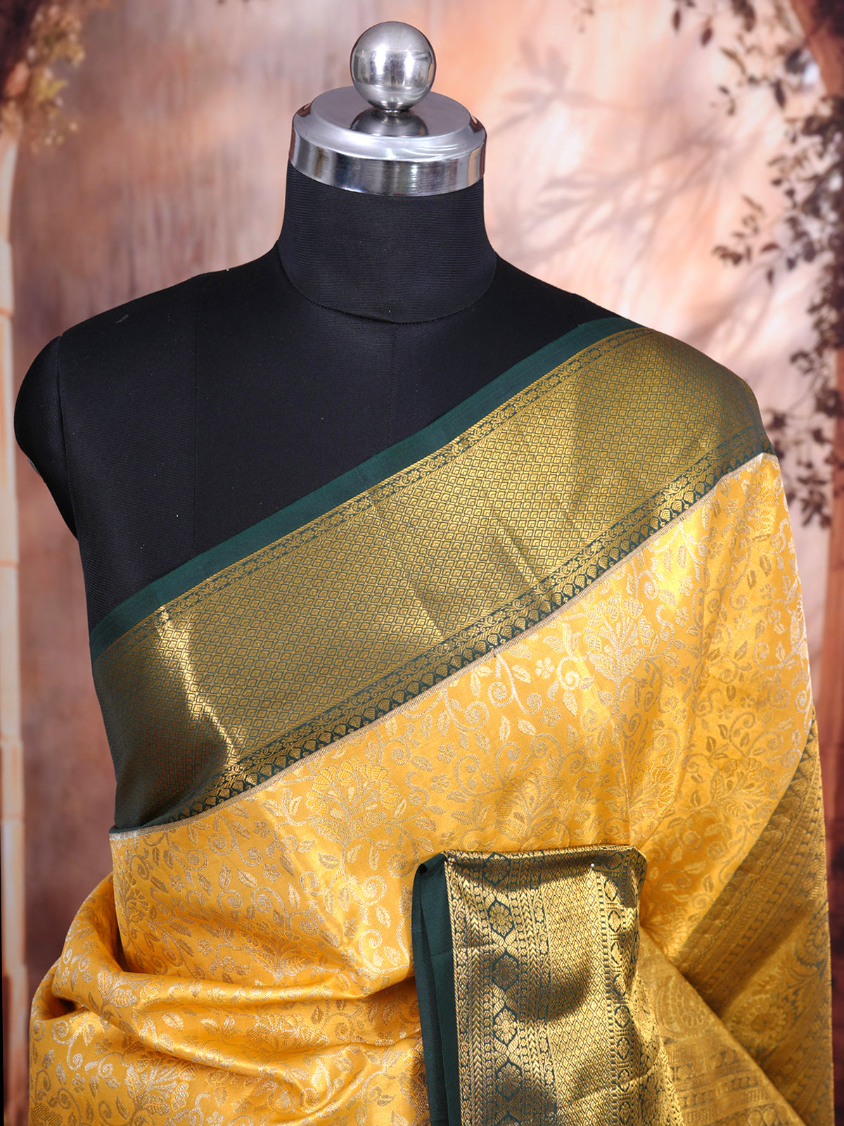 Yellow and Dark Green Kanchipuram Pure Mix Saree