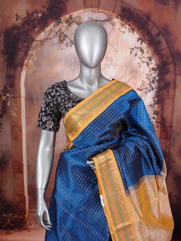 Royal Blue with Mustard Yellow Zari Border Pure Silk Cotton Saree