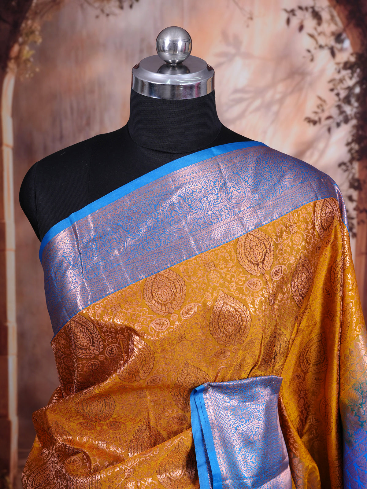 Mustard Yellow and Sky Blue Kanchipuram Pure Mix Saree