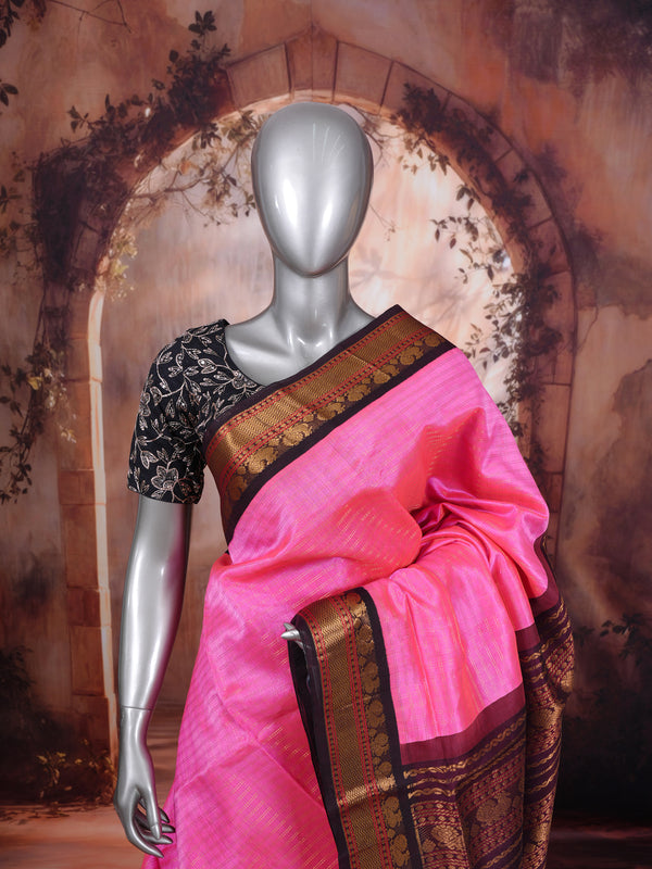 Elegant Rani Pink With Wine-colored border Pure Silk Cotton Saree