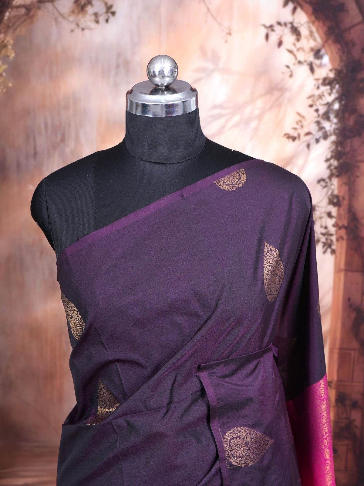Deep Purple with Magenta Pink Semi Silk Saree